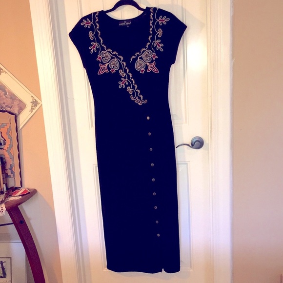 M Long Black Dress Cap-Sleeve,Intricate Beading and Appliqué by Carole Little - Picture 5 of 14